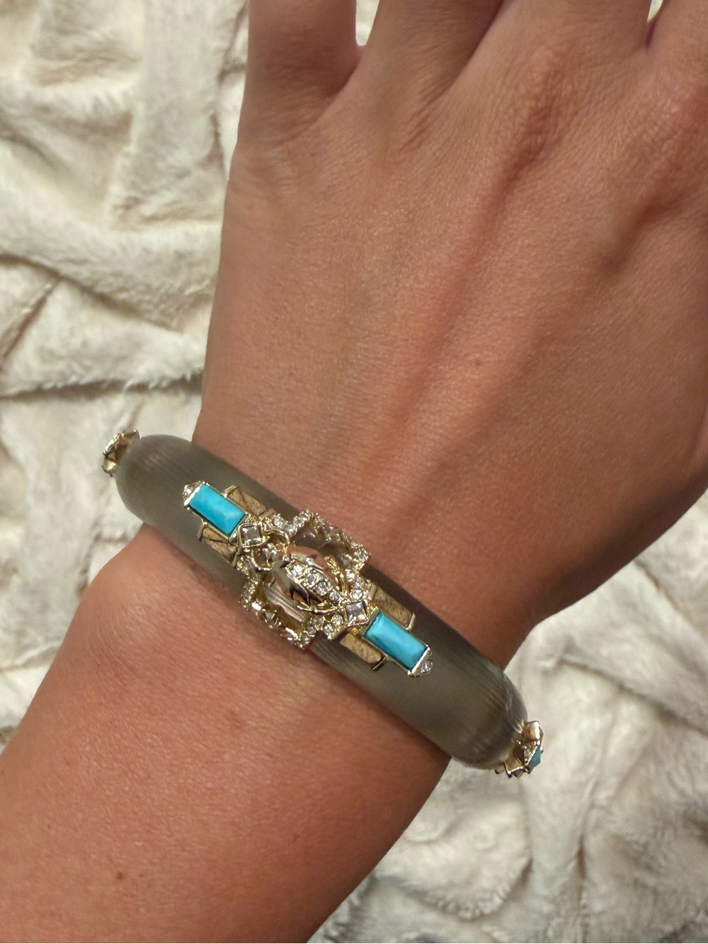 Gold-Tone Bracelet with Turquoise Accents and Olive Resin Band